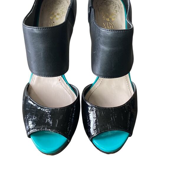 VINCE CAMUTO Leather Sandal Womens Sz 8.5 Black Platform Peep Toe - Picture 3 of 8